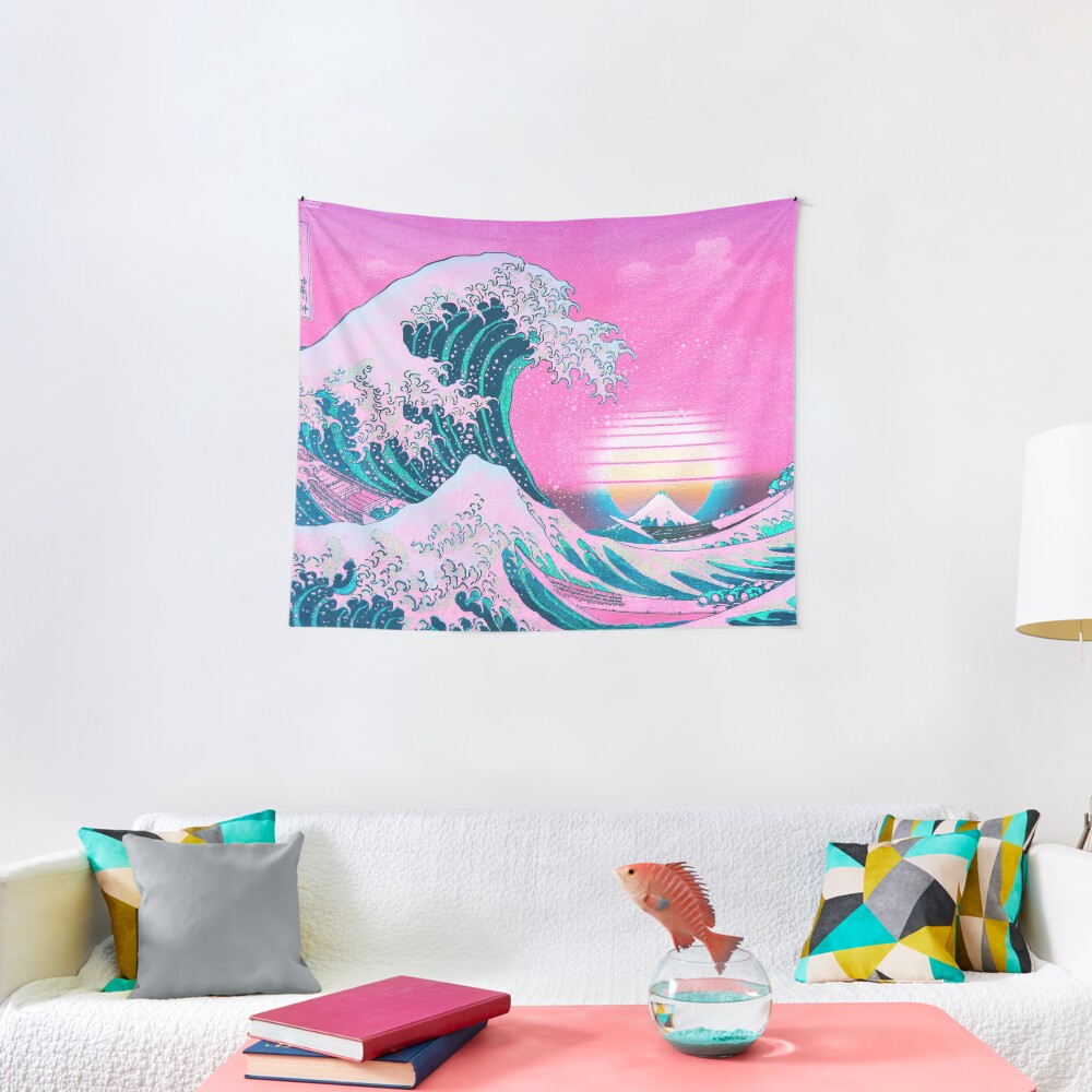 Vaporwave Aesthetic Great Wave Off Kanagawa Retro Sunset Tapestry