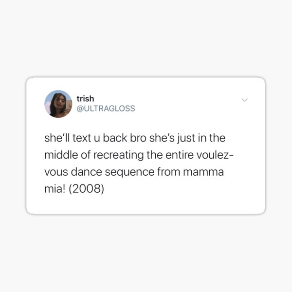 Item preview, she'll text u back bro she's just in the middle of recreating the entire voulez-vous  dance sequence from mamma mia! (2008) designed and sold by Courtney Pedigo.