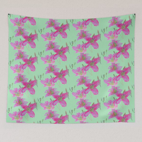 Item preview, Pink Lily Flowers floral Watercolor Painting Mint Green designed and sold by Sarah  Rajkotwala.