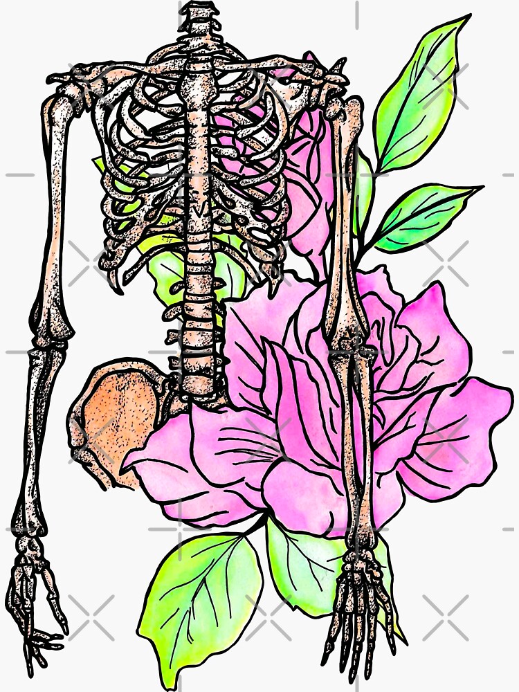 "skeleton With Flowers By @malloryvinsonart" Sticker By Malloryvinson ...