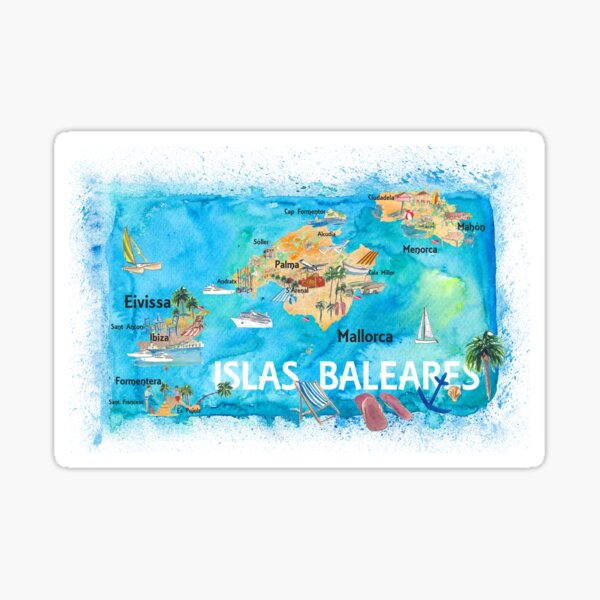 Item preview, Balearic Islands Illustrated Travel Map with Majorca Ibiza Menorca Landmarks and Highlights designed and sold by artshop77.