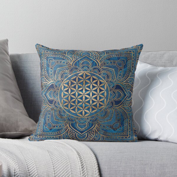 Flower of Life in Lotus Mandala - Blue Marble and Gold Throw Pillow