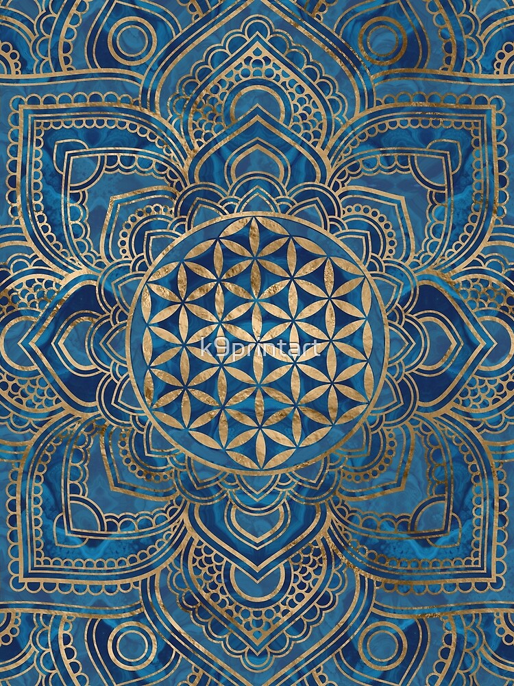 "Blume des Lebens in Lotus Mandala - blauer Marmor und Gold" Tuch von
