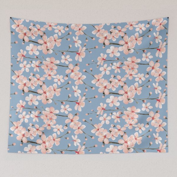 Item preview, Cherry Blossom, blush pink watercolor on slate blue designed and sold by MagentaRose.
