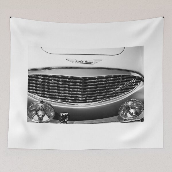 Item preview, A black and white image of the front of a 1960 Austin Healey 3000 on display at a car show designed and sold by Graham Cornall.