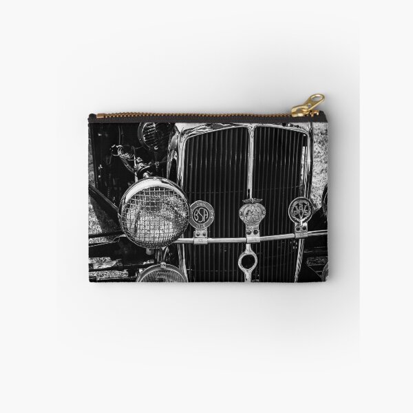 Item preview, A black and white image of the front of a 1935 BSA Scout on display at a car show designed and sold by Graham Cornall.