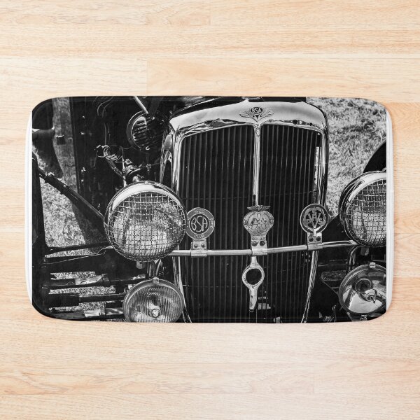Item preview, A black and white image of the front of a 1935 BSA Scout on display at a car show designed and sold by Graham Cornall.