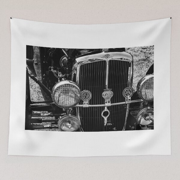 Item preview, A black and white image of the front of a 1935 BSA Scout on display at a car show designed and sold by Graham Cornall.