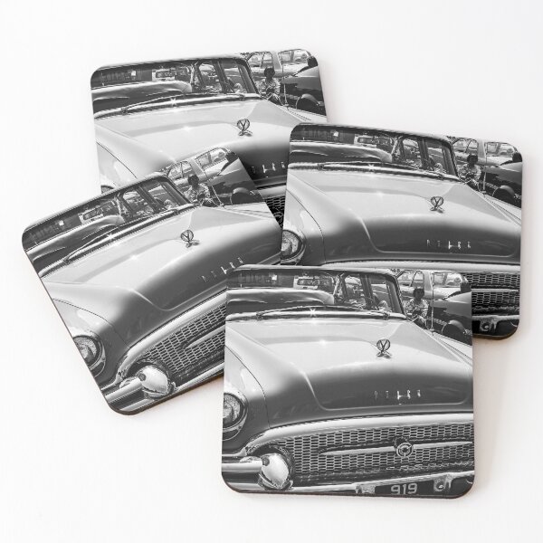 Item preview, A black and white image of the front of a green 1955 Buik Roadmaster on display at a car show designed and sold by Graham Cornall.