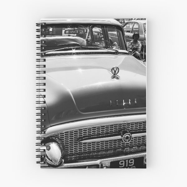 Item preview, A black and white image of the front of a green 1955 Buik Roadmaster on display at a car show designed and sold by Graham Cornall.