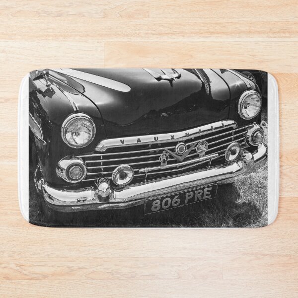Item preview, A black and white image of the front of a blue 1957 Vauxhall Cresta on display at a car show designed and sold by Graham Cornall.