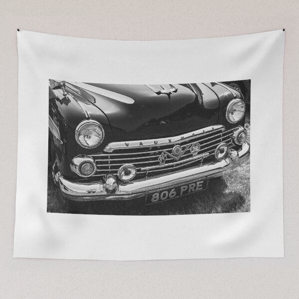 Item preview, A black and white image of the front of a blue 1957 Vauxhall Cresta on display at a car show designed and sold by Graham Cornall.