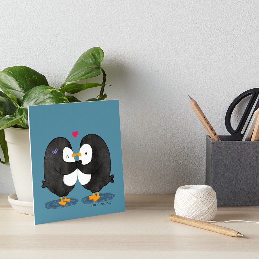 Falling in Love Penguins Art Board Print