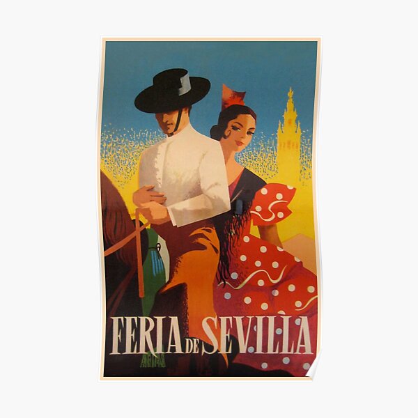 Feria de Sevilla, Spain, Colorful Vintage Travel Poster Poster