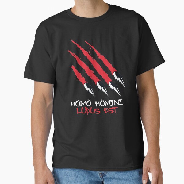Vista previa del artículo con la obra «Homo Homini Lupus Est - Cita de Thomas Hobbes», diseñado y vendido por The Philosopher's Shirt.