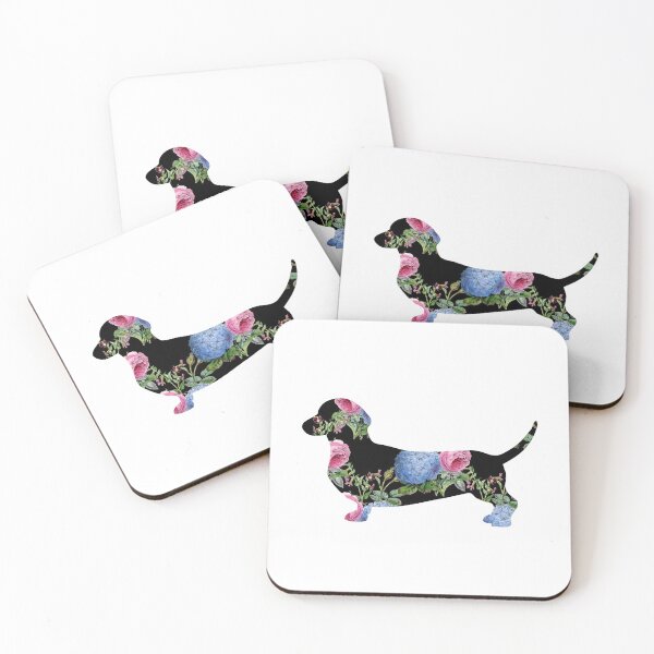 Item preview, Dachshund Dog Vintage Flowers in Pink and Blue on Black designed and sold by 13Moons.