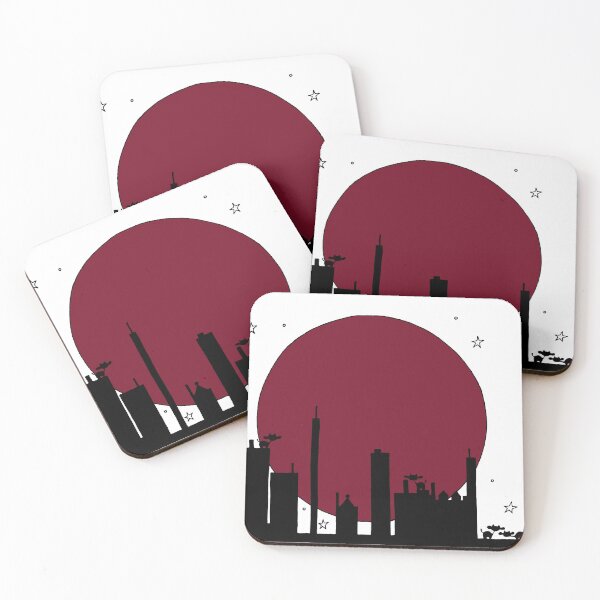 Cows in City with Red Moon and Stars Coasters (Set of 4)