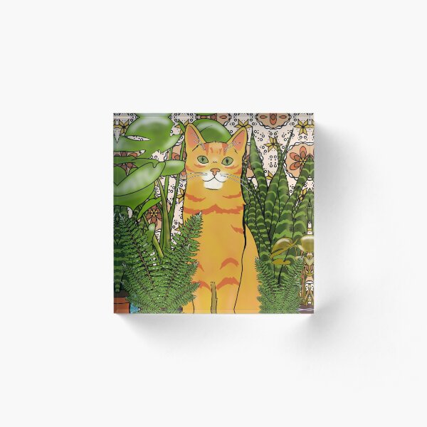 Cat and Houseplants Cartoon Illustration Acrylic Block