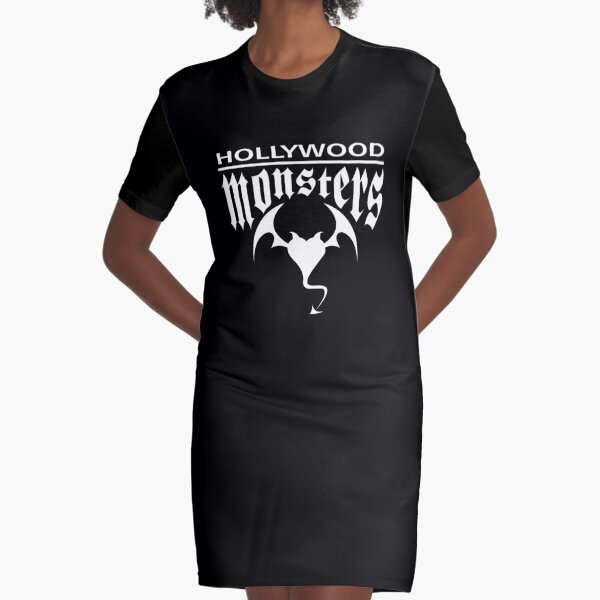 Hollywood Monsters Text Bat Logo - WHITE PRINT Graphic T-Shirt Dress