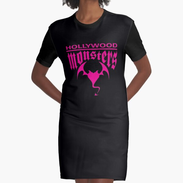 Hollywood Monsters Text Bat Logo - PINK PRINT Graphic T-Shirt Dress