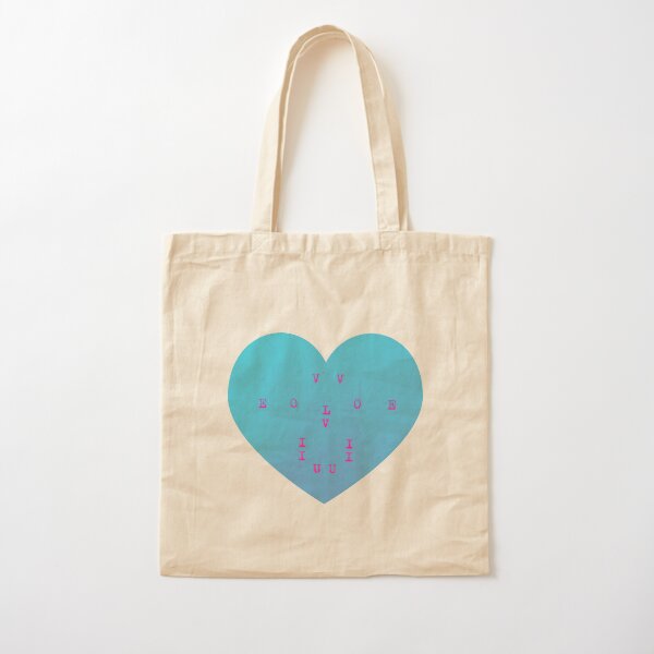 I Love U, evolve, typewriter, ALL CAPS, text, heart shape, evolution of love, blue, pink, robot character, play of words, popular, famous, best selling, top selling, highly recommended, trending Cotton Tote Bag
