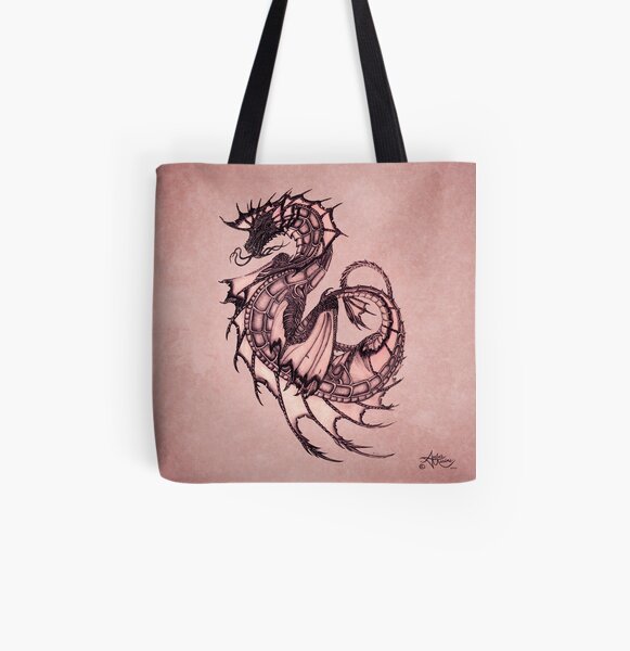 "Tsunami" Sea Dragon, art by Amber Marine ~ (Coral Version) ~ Graphite Illustration (Copyright 2005) All Over Print Tote Bag