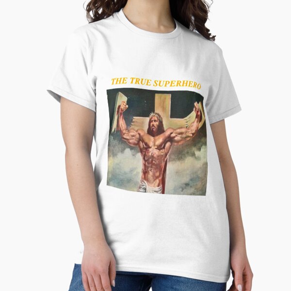 Vista previa del artículo con la obra «Jesucristo el verdadero superhéroe rompe la cruz», diseñado y vendido por Rowena Jones.