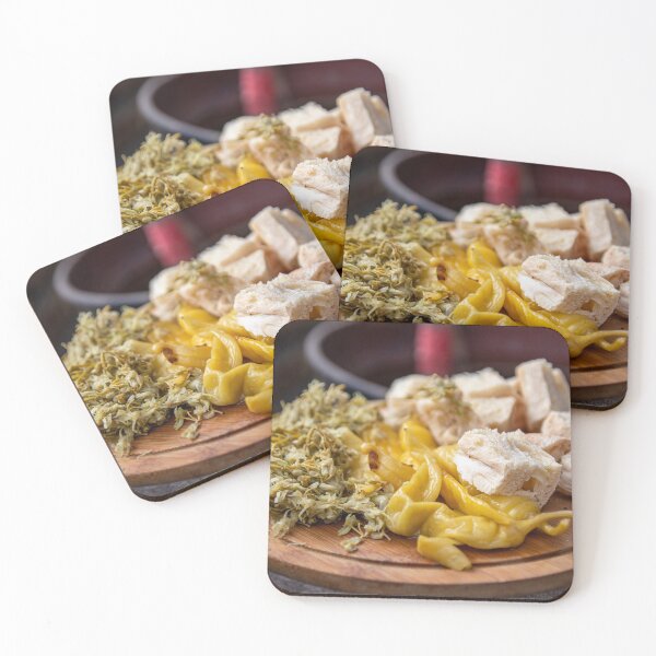 Item preview, Jonjoli, pickled peppers and slices of bread close-up on a wooden board designed and sold by EG Creativity Art.