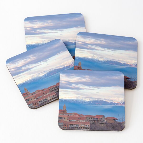 Item preview, View of Sighnaghi city standing on a hill against the backdrop of snow-capped mountains and sky in clouds designed and sold by EG Creativity Art.