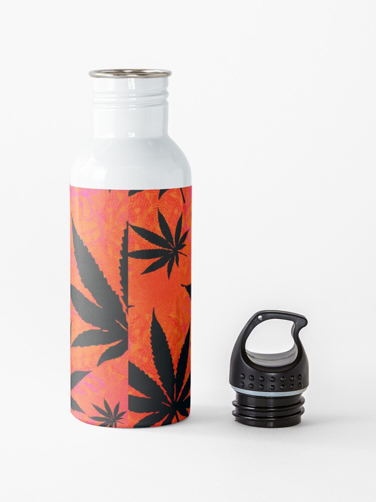 Alternate view of Black and Orange Colored Trippy Psychedelic Marijuana Leaves Pattern Water Bottle