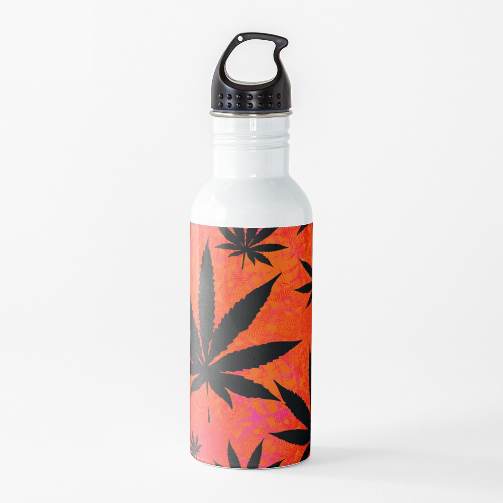 Black and Orange Colored Trippy Psychedelic Marijuana Leaves Pattern Water Bottle