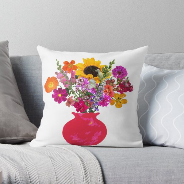 Bright pink vase bouquet sticker Throw Pillow