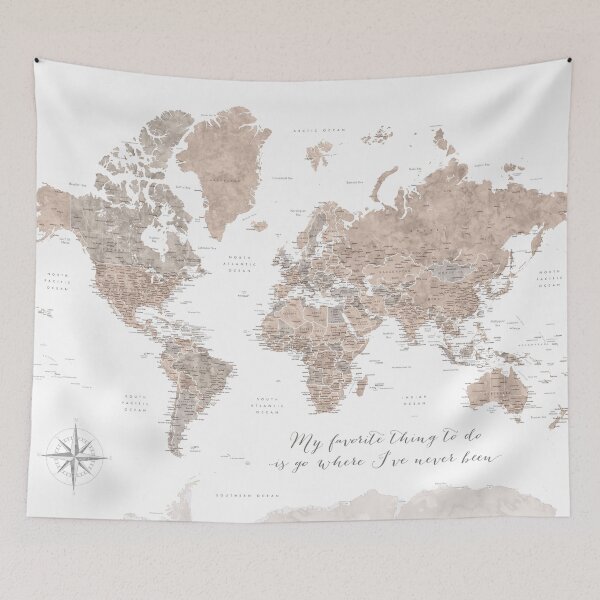 Item preview, Where I've never been detailed world map in taupe designed and sold by blursbyai.