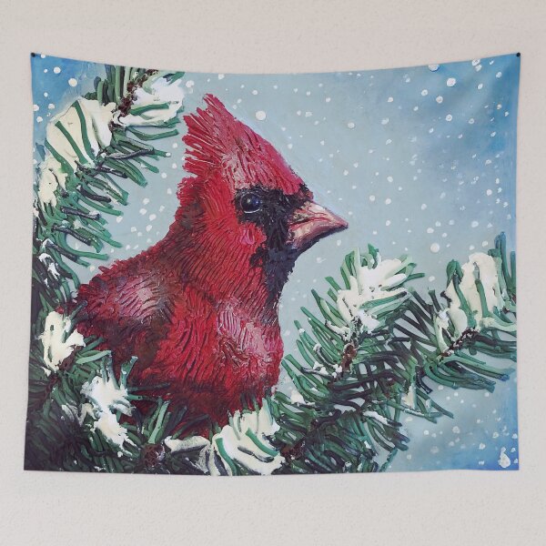 Item preview, Cardinal in Winter, polymer clay painting designed and sold by Pansymade.
