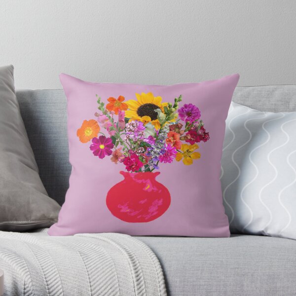 Bright pink vase still life on lavender by Tea with Xanthe Throw Pillow
