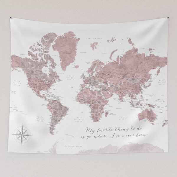 Item preview, Where I've never been detailed world map in dusty pink designed and sold by blursbyai.
