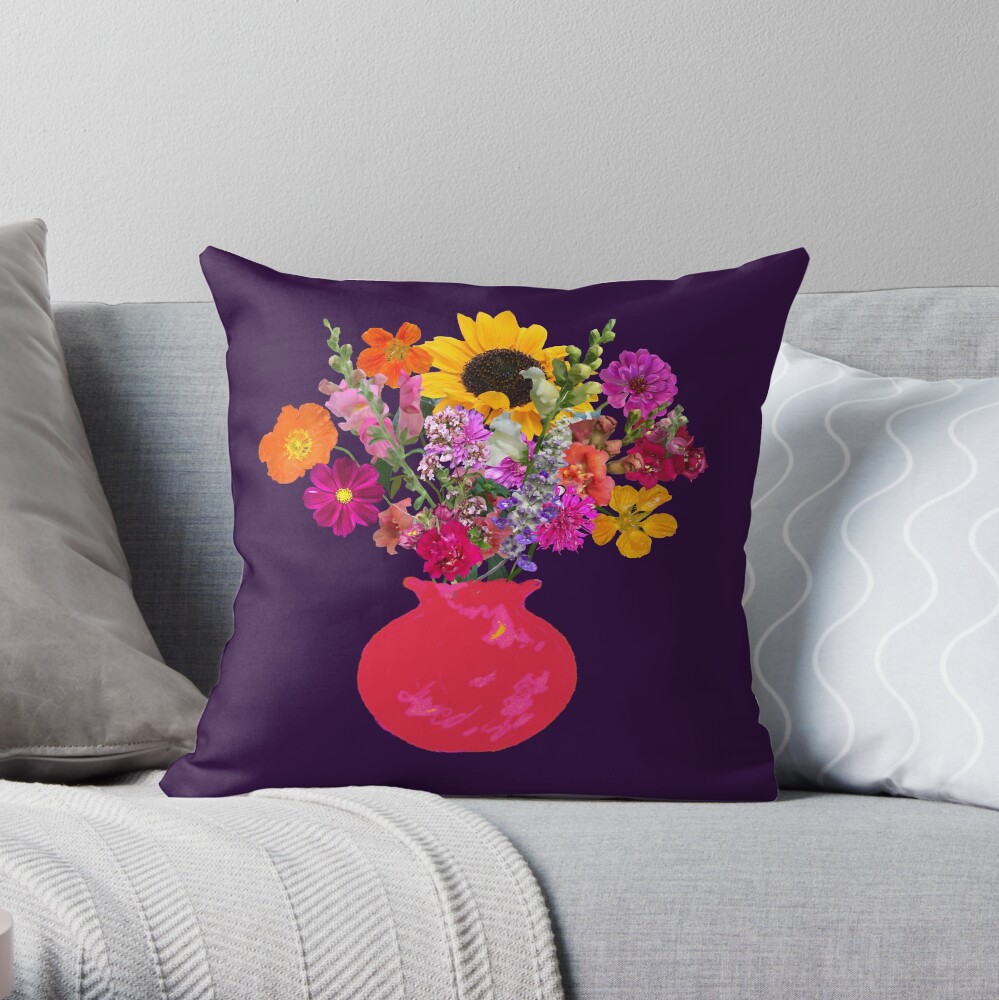 Bright pink vase still life on deep purple by Tea with Xanthe Throw Pillow