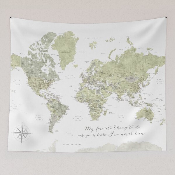 Item preview, Where I've never been detailed world map in moss green designed and sold by blursbyai.