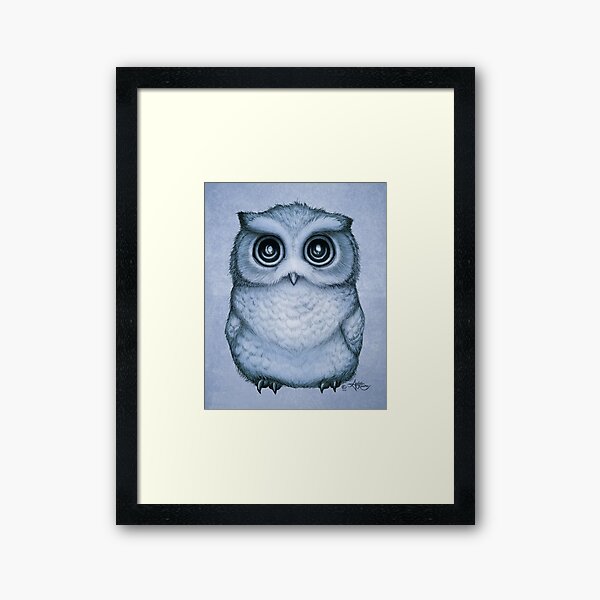 "The Little Owl" by Amber Marine, (Blueberry Version) Pencil and Ink Illustration (Copyright 2016) Framed Art Print