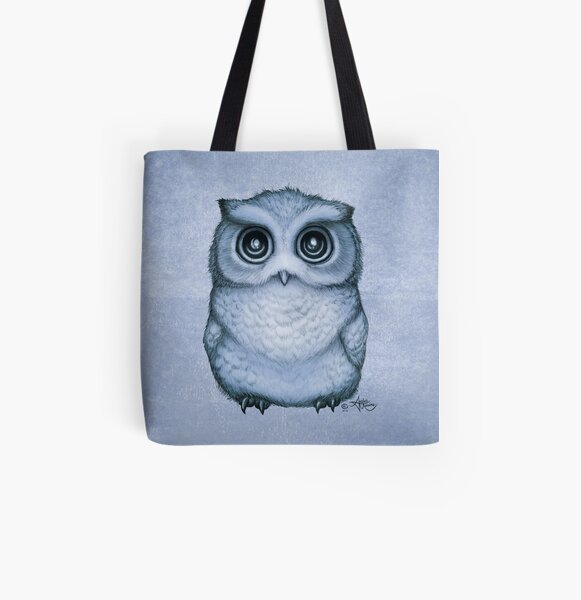 "The Little Owl" by Amber Marine, (Blueberry Version) Pencil and Ink Illustration (Copyright 2016) All Over Print Tote Bag
