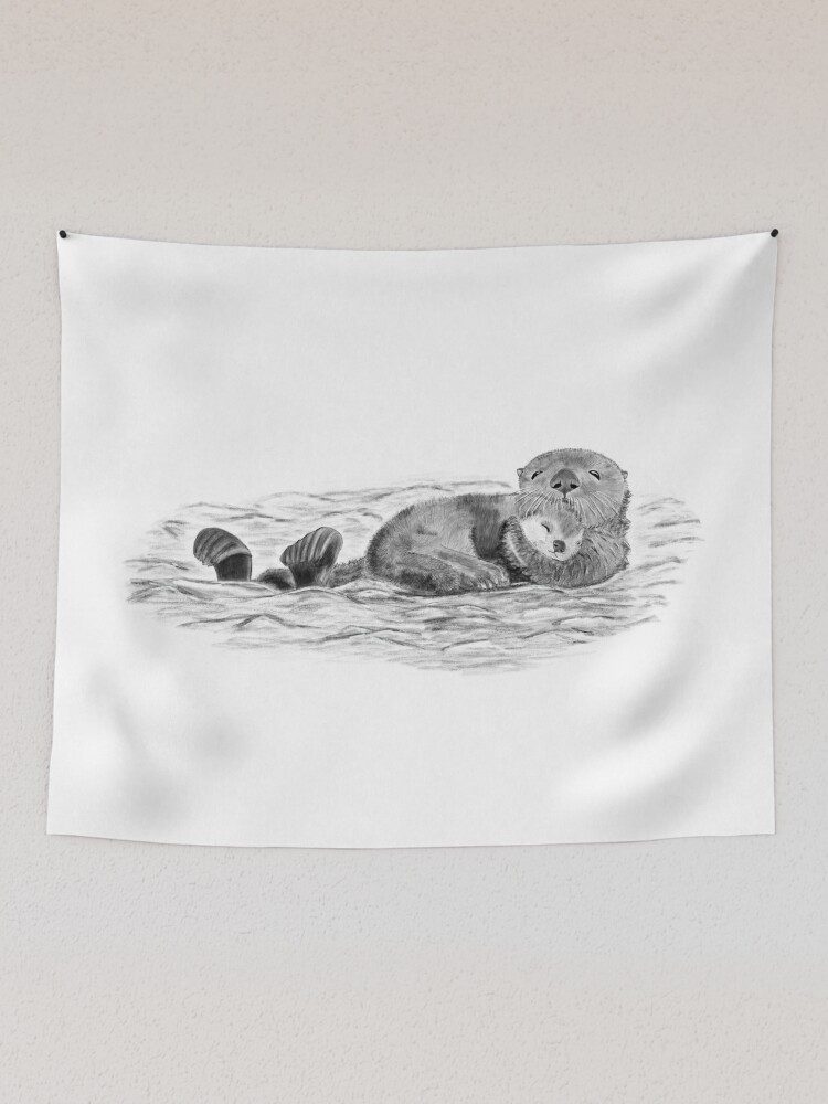Alternate view of Hugging otters in the water Tapestry