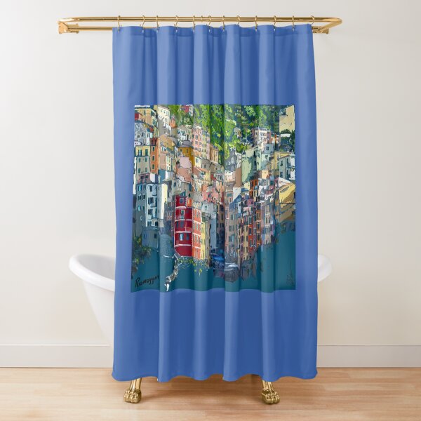 Riomaggiore Cique Terra Italy view from the sea drawing Shower Curtain