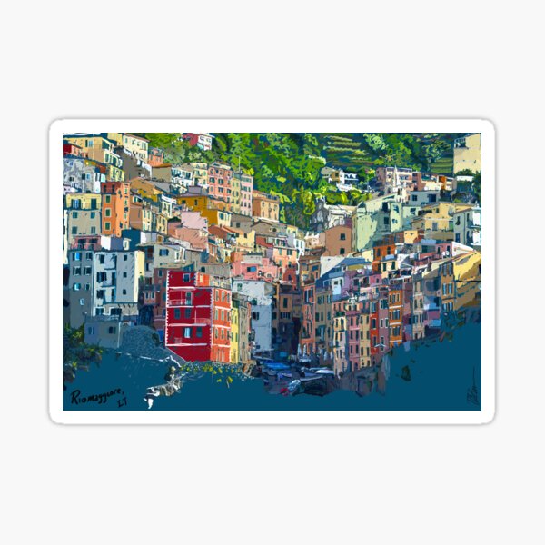 Riomaggiore Cique Terra Italy view from the sea drawing Sticker