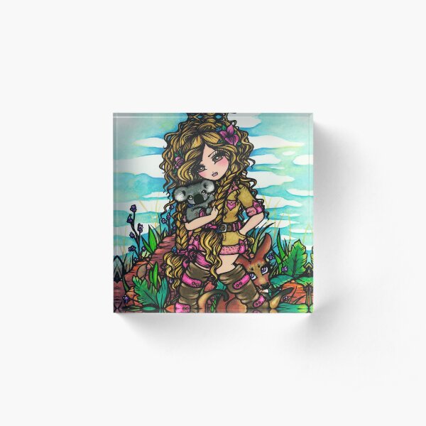 Aussie Girl with Kangaroo and Koala Bear Australia Art by Hannah Lynn Acrylic Block