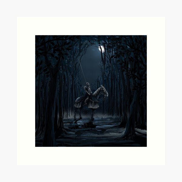 Mysterious knight on horseback, standing still in the moonlight forest Art Print