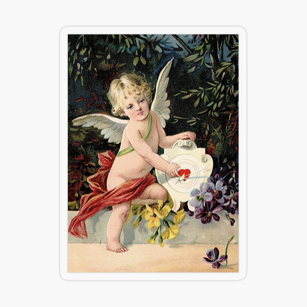 A vintage Valentine card with cupid flying over a woman with a feather fan  Stock Illustration by ©sparkstudio #12092925