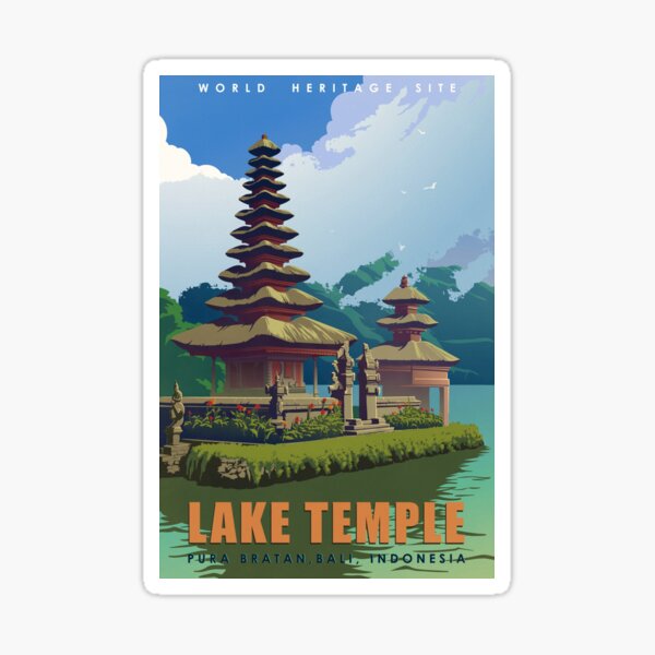 Pura Ulun Danu Bratan, or Bali Lake Temple devoted to the river goddess Dewi Danu. Vintage travel poster. Sticker