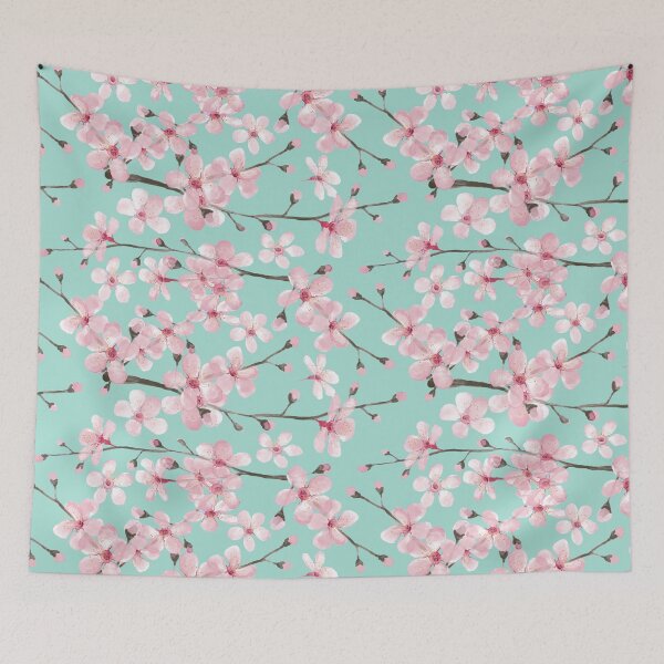 Item preview, cherry blossom on mint, pink cherry blossom watercolor designed and sold by MagentaRose.