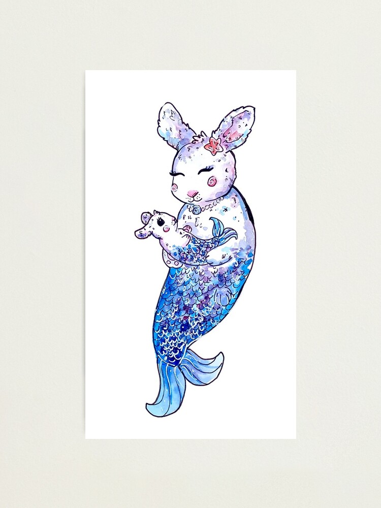 Impression Photo Aquarelle De Creche Mere Et Lapin Bebe Sirene Par Aquabunart Redbubble