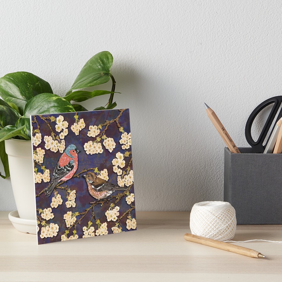 Chaffinches in Cherry Blossom Art Board Print